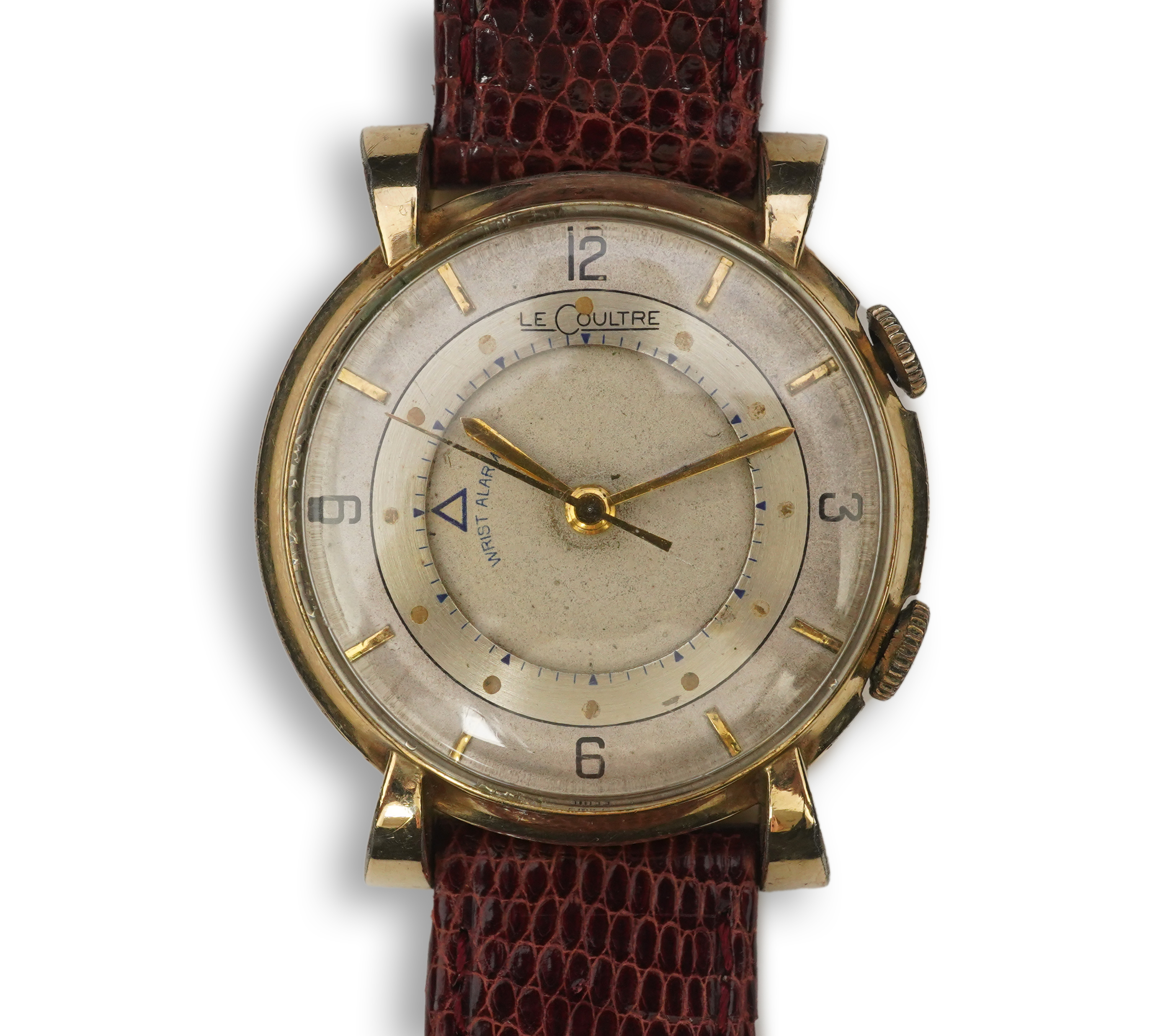 A gentleman's 1950's? 10k gold filled Jaeger LeCoultre Memovox manual wind wrist watch, on a later associated leather strap